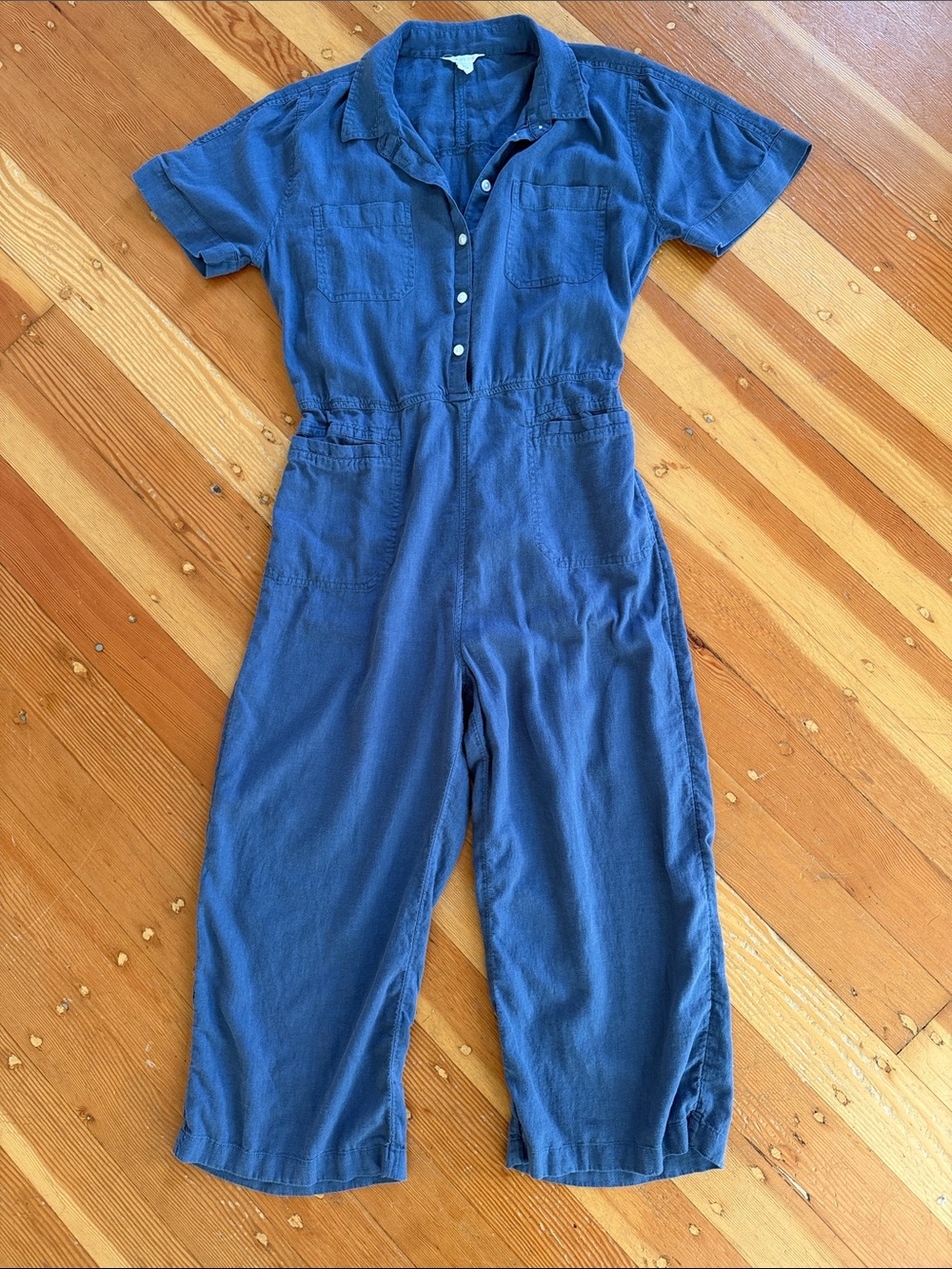 Caslon Blue Short Sleeve Linen Blend Cropped Leg Jumpsuit Medium